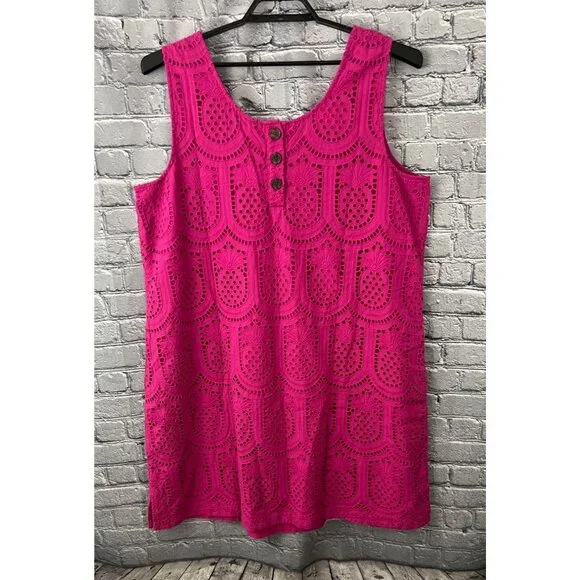 J. Jill Fuchsia Pink  Pineapple Eyelet Sleeveless Cotton Shift Dress 2X NWT - Picture 2 of 11